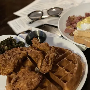 Chicken and waffle, Corn beef hash at the back