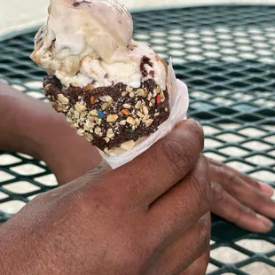 Salted caramel pretzel with chocolate waffle cone