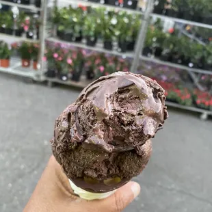 a hand holding a chocolate ice cream cone