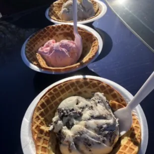 three waffles with ice cream