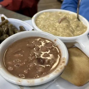 Chicken and dumplings with green and black beans.
