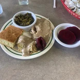 Turkey breast w stuffing &amp; collard greens and pickled beets and cornbread