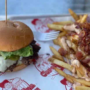 Classic Simple Burger with bacon bacon fries