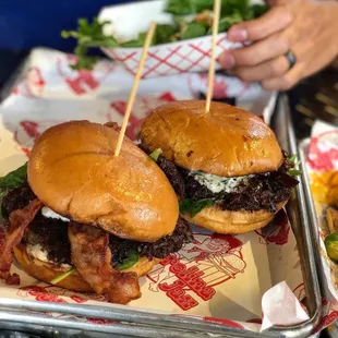 Riverside burger (left) and blue Devil burger (right)