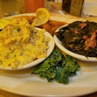 Fried catfish with potato salad and collard greens