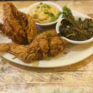 Fried Chicken with mashed Potatoes and collard greens