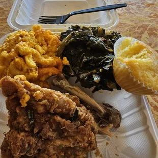 Fried Chicken, Mac &amp; Cheese, Greens; and Cornbread
