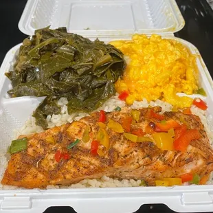 Grilled Salmon Mac &amp; Cheese Collard Greens