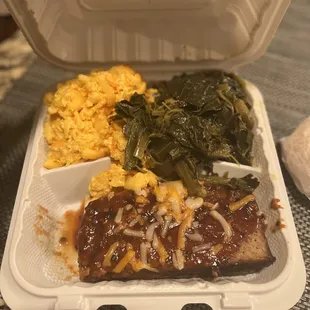 Meatloaf, Mac-n-cheese and greens (with Turkey).