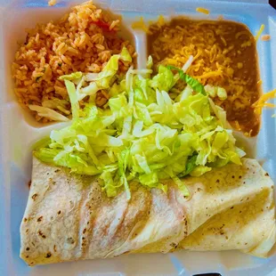 3-way burro (red chili beef, green chili beef &amp; beans) with Mexican Rice &amp; refried beans