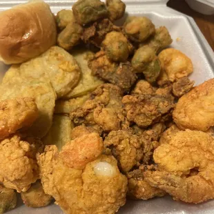 Fried jumbo shrimp, fried oysters, fried green tomatoes and fried oysters