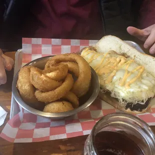 Onion rings and Ruben brisket