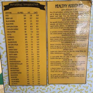 Info about the add ins and calories per smoothie