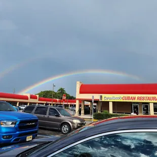 A rainbow over the restaurant.