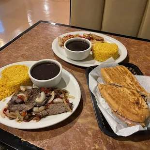Beef and chicken both with yellow rice and chicken. Cuban Sandwich