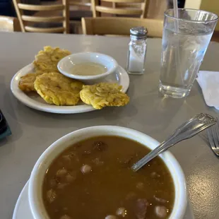 Tostones were perfectly made.. garbanzo soup hit just right in this cold weather