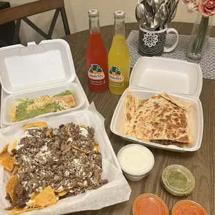 Carne Asada Nachos, Rolled tacos with Guacamole &amp; Cheese, Carne Asada Quesadilla