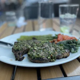 Ribeye, asparagus, roasted tomatoes. Perfectly grilled medium-rare.
