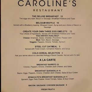 the menu for the restaurant
