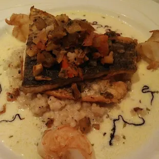 Sea bass and shrimp with cream sauce to die for.
