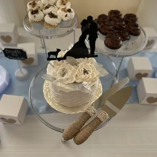Our wedding cake with cannoli and death by chocolate cupcakes. Our wedding cake had Nutella filling..