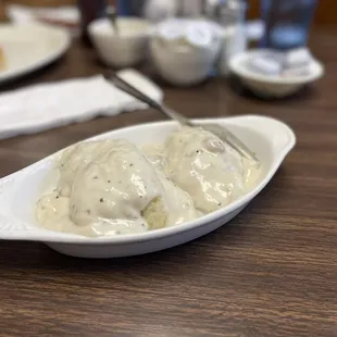 Scratch made biscuits with sausage gravy