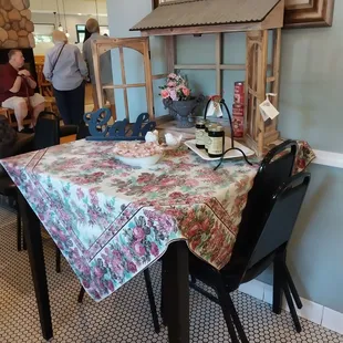 table outside the restrooms