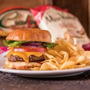 a hamburger and chips