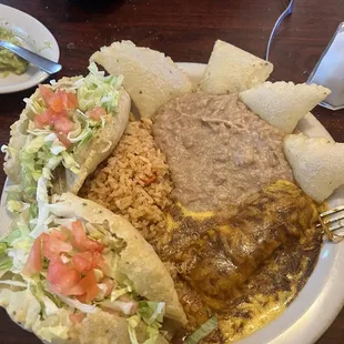 Puffy tacos, and enchilada.