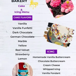 a list of cakes and desserts