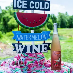 a watermelon and a bottle of wine