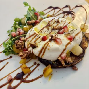 Fall Maplebrook Burrata with baby arugula, garam masala-spiced pumpkin, maple-braised pumpkin, candied pecans, pomegranate + balsamic