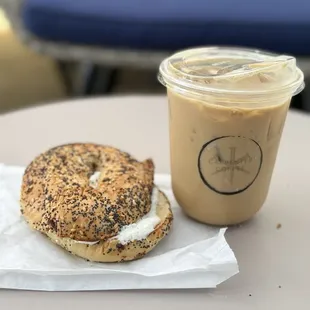 Everything bagel and oatmilk honey latte