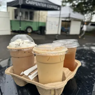 Peppermint mocha, oat milk latte, energy drink