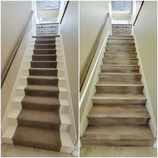 Stairs before with carpet and after with vinyl planks.
