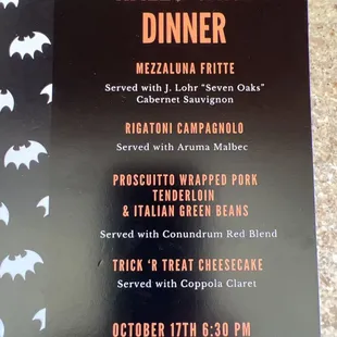 a menu for a halloween dinner