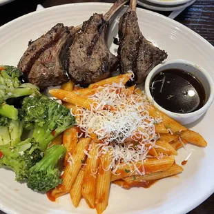 Double Lamb Chops with penne parmesan cheese with broccoli and a delicious dipping sauce for the lamb chops.