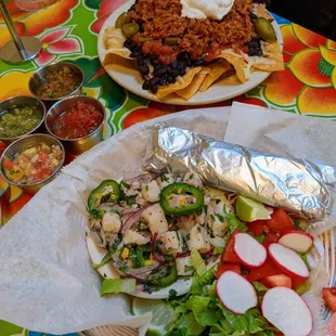 Nachos with Chorizo ($10.75) and Ceviche (tilapia, $8.75).