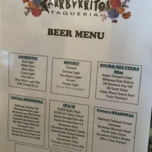 Beer menu