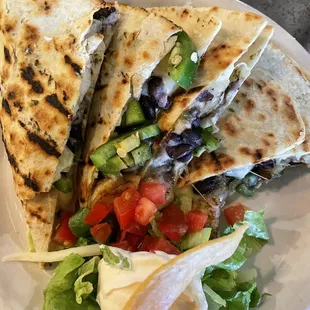 Black bean quesadilla with fresh jalapeños, shrimp, and cilantro!