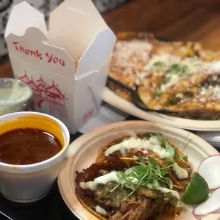 Birria Quesadilla, Two Birria Street Tacos w/ Consomé , and churro bites with horchata anglaise. Delicious!