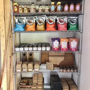 Honey, chips, mustard, cookies, coffee