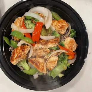 chicken, broccoli, peppers and onions