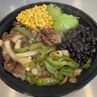 beef, black beans, corn, and lettuce