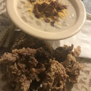 Half order of livers and bowl of potato soup