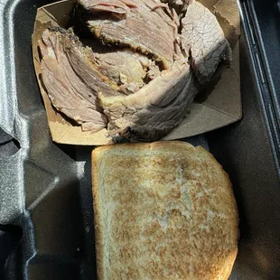 Brisket with Texas toast. SO GOOD!!! Added hot BBQ and sweet just in case the hot was too hot but it wasn't. I won't need it next time.