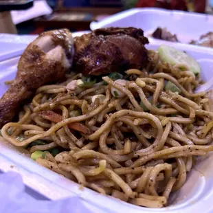 Guyanese lomein with fall off the bone half chicken. Grab some house hot sauce