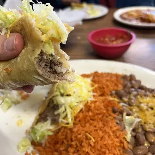 Taco (soft shell), rice, whole beans.
