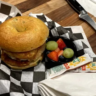 Alejandro - Jalepeno bagel, egg, pork sausage, bacon, hashbrown x2.