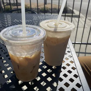 Caramel iced coffee and raspberry and cream iced coffee